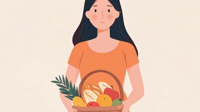 Flat animation of woman holding basket of fresh fruit on light background.