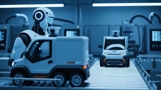A sleek, humanoid robot stands on a conveyor belt, interacting with a small autonomous electric delivery vehicle in a futuristic factory or logistics setting.