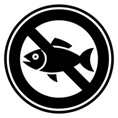 No Fishing Sign Silhouette Vector, Forbidden Fish Icon on White Background
