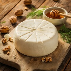 Artisanal white cheese with smooth texture and small holes, served with honey and herbs in cozy tabletop scene.