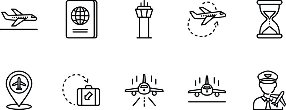 Travel and aviation icon set featuring passport airplane control tower pilot luggage and hourglass line art for airport tourism vacation vector.