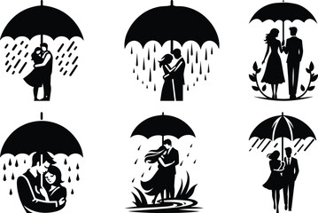 Valentine day couple under umbrella in rain bundle silhouette icon vector art illustration