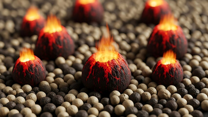 Miniature volcanic eruptions on a textured surface of dark and light pebbles, symbolizing danger and energy.