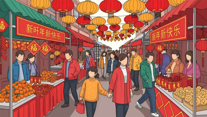 Vibrant Street Market Scene with Lanterns and People.