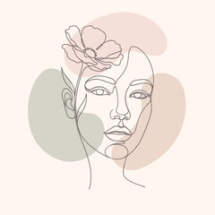 Abstract One Line Lady Face with Leaves and Flowers &ndash; Modern Feminine Beauty Vector