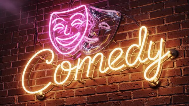 Comedy Neon Sign on Brick Wall - This video shows a neon sign that says "Comedy" alongside two theater masks on a brick wall.