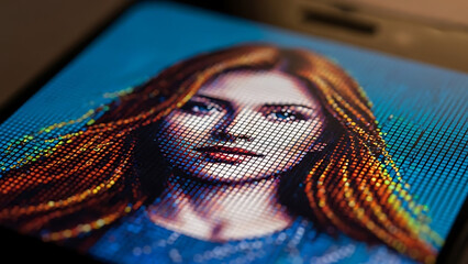 Vibrant digital portrait of an AI woman's face on a modern screen, highlighting pixel technology.