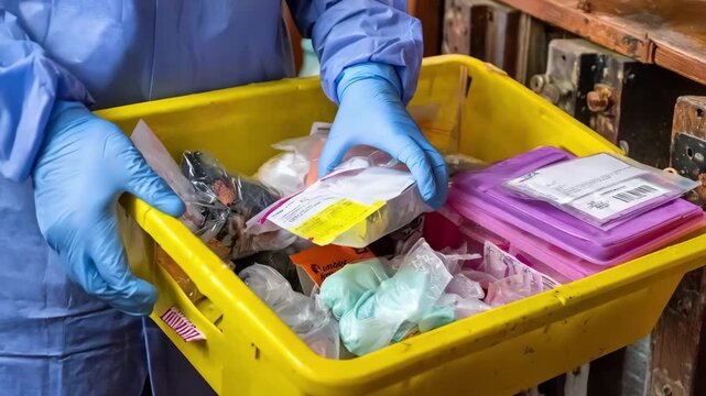 Medium shot of a veterinary assistant transporting assorted medical waste to a designated disposal area showcasing teamwork and adherence to safety guidelines.