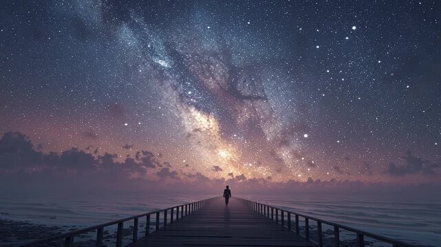 Silhouette of a man standing on a bridge above the sea against a starry night sky. Generative AI video expressing solitude, reflection, journey, freedom, and existential contemplation.