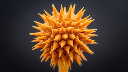 Vibrant orange spiky microscopic structure, intricate macro detail on dark background, science concept.