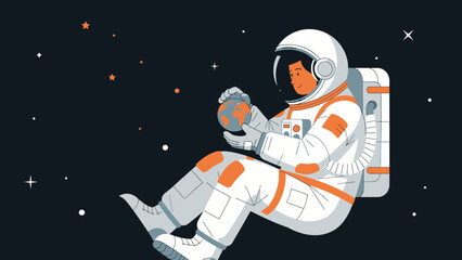 Fototapeta premium Astronaut Contemplating A Small Earth In Space Exploration Concept