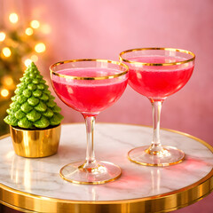Pink cocktails with gold rim on marble table Christmas tree