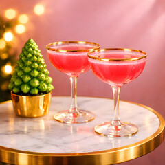 Pink cocktails on marble table with Christmas decor