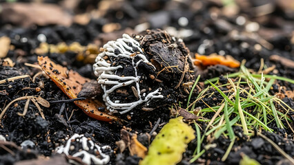 Close-up of rich garden soil with active decomposition, white fungus, and tiny insects, showcasing natural nutrient cycling.