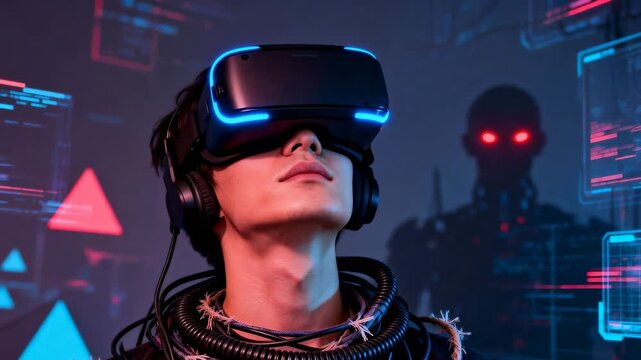 Flickering UI tester tilting at neon lab, with headset, cables, looming robot, seeking immersion