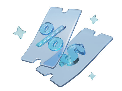 Glass coupon with percentage icon isolated on transparent background. promotion discount special voucher holographic graphic design. 3D render illustration