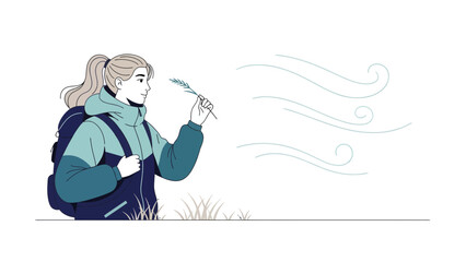 Fototapeta premium Backpacker Woman With A Branch Feeling The Wind In A Minimalist Style