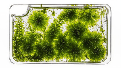 Vibrant green aquatic plants thriving in clear water with effervescent bubbles, a serene natural ecosystem study.