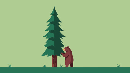 Bear By A Pine Tree Cartoon Flat Design In Natural Environment