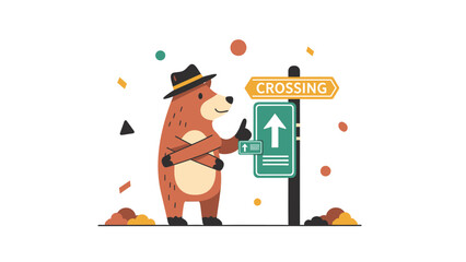 Bear Character Near A Crossing Sign With Cute Adorable Style Cartoon Illustration