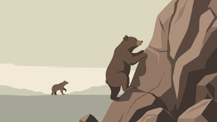 Bear Climbing Mountain And Another Bear Is Walking In The Background