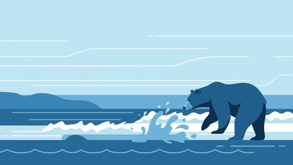 Bear Catching Fish at the Ocean in Alaska Minimalist Flat Vector Illustration