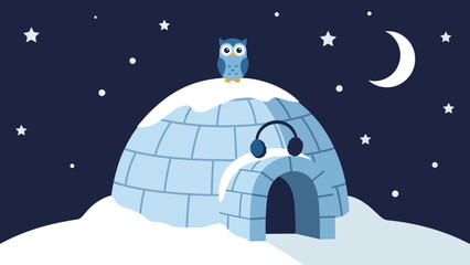 Fototapeta premium Arctic Adventure Owl Cartoon Character In Snowy Igloo At Night Winter Background