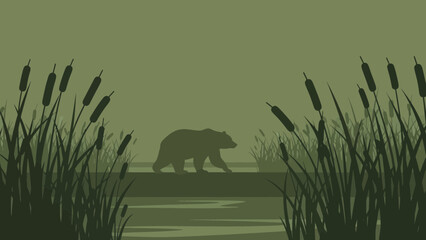 Bear Silhouette Amidst Cattails In A Marshland Vector Illustration Scene