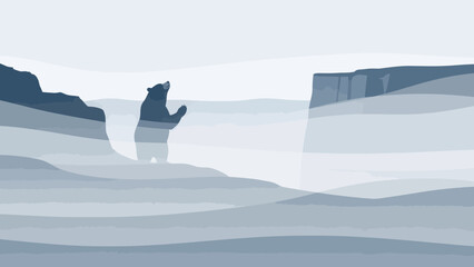 Bear Silhouette Gazing Upward In A Misty Landscape With Layered Hues Of Blue