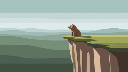 Bear Sits At The Cliff Edge Overlooking The Beautiful Landscape View
