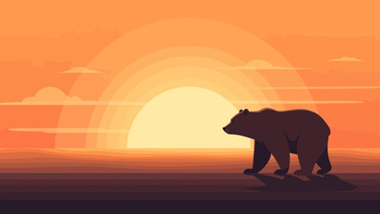 Bear Silhouette Striding Into The Sunset Landscape Illustration Minimalist Style