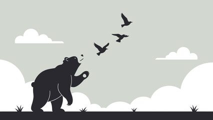 Bear Watching Birds Flying In The Sky With White Clouds Minimal Style Design