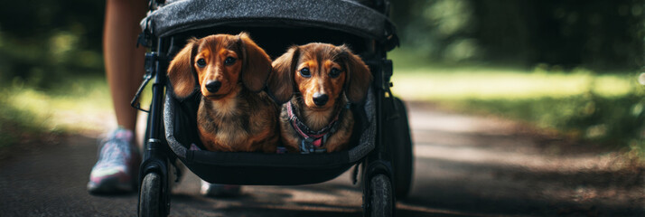 Two adorable Dachshund puppies relax together in a twin stroller while their smiling owner takes a walk in a lush, green park, enjoying the sunny day, banner