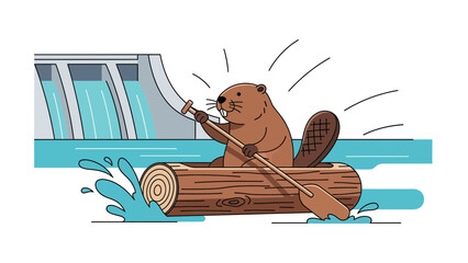 Beaver Enjoying A Canoe Ride In Front Of Hydroelectric Dam Illustration