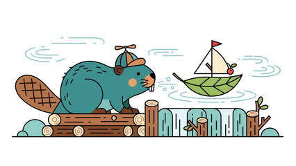 Beaver Enjoying Nature With A Little Boat On The River In The Forest