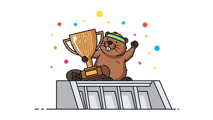 Beaver Celebrates Victory Holding Trophy On Top Of His Engineering Achievement