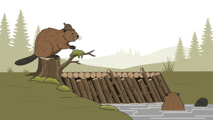 Beaver Family Building A Dam On A River In Forest Cartoon Illustration
