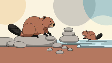 Beaver Family Illustration In Natural Habitat With Stacked Rocks Near The River