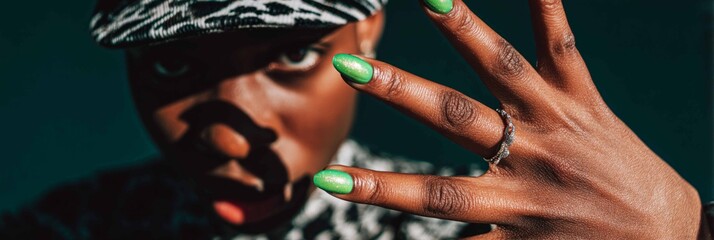 A man in a salon displays his hand with green nail polish on one finger. He is engaged in a manicure session, showcasing his personal grooming choice, banner