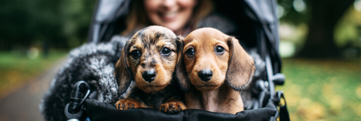 Two adorable Dachshund puppies relax together in a twin stroller while their smiling owner takes a walk in a lush, green park, enjoying the sunny day, banner