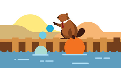 Beaver Managing Bubbles On A Wooden Pier With Bright Background