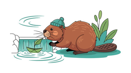 Beaver Wearing a Hat Playing with a Paper Boat Near a Small Waterfall