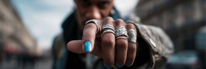 A man in a salon displays his hand with blue nail polish on one finger. He is engaged in a manicure session, showcasing his personal grooming choice, banner