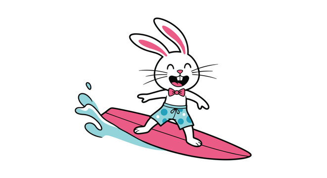Happy cartoon bunny wearing swimming trunks and a bow tie while surfing on a pink board in the ocean waves.