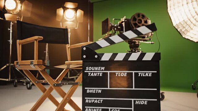 Film Set with Clapperboard and Director's Chair - A film set is shown with a director's chair, vintage film camera, studio lighting, and a clapperboard in the foreground.