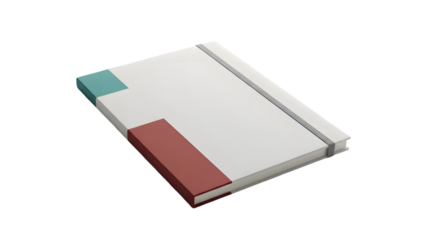 A white book with a blue and red rectangle on the cover isolated on transparent background