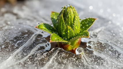 Vibrant green plant sprout emerges from melting ice with glistening water droplets, symbolizing spring and new beginnings.