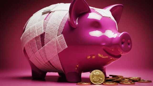 Wounded Piggy Bank with Coins - A pink piggy bank is covered in white bandages, suggesting financial difficulty or injury. Gold coins are scattered around the base of the piggy bank on a pink surface.