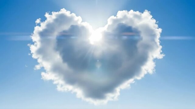 Heartshaped cloud transforms and glows under radiant sunlight in clear blue sky
