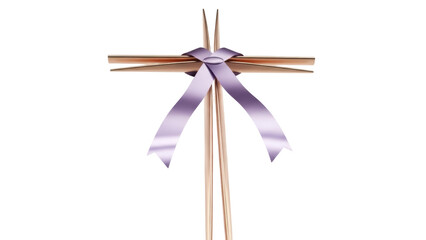 Elegant golden cross with lavender ribbon isolated PNG, religious symbol on transparent background for Easter and memorial designs